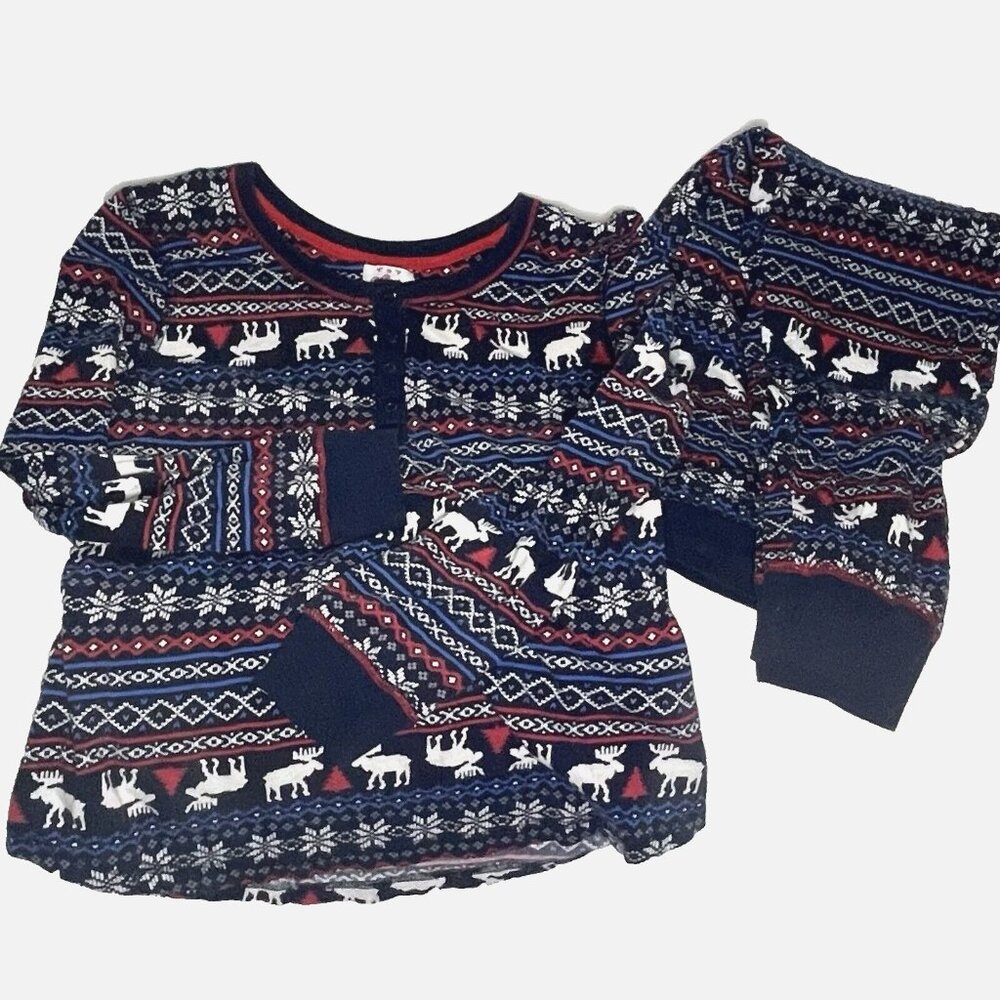 Lanz of Salzburg sz L Womens Moose Nordic Print Red Blue 2pc Pajama Set Cotton